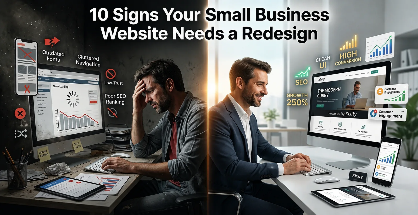 Comparison showing an outdated small business website with poor SEO and slow loading versus a modern redesigned website with better SEO, higher conversions, and business growth.