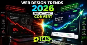 Web design trends for 2026 showing the difference between an underperforming website with low conversions and a high-converting website with 314% growth.