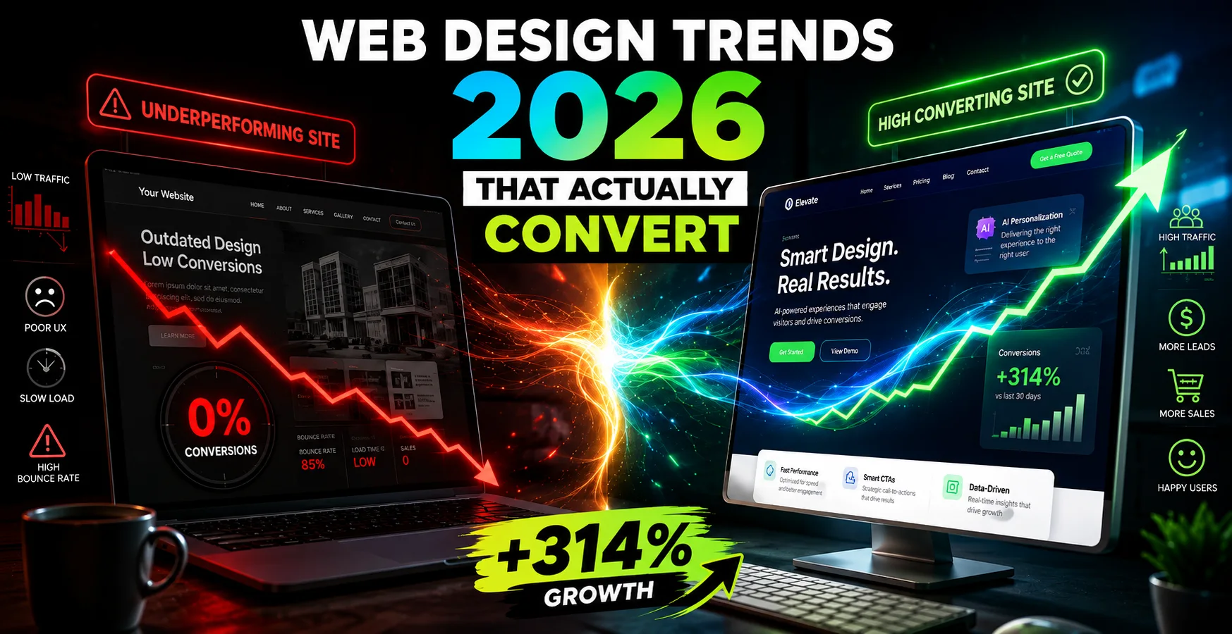 Web design trends for 2026 showing the difference between an underperforming website with low conversions and a high-converting website with 314% growth.