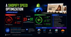 Shopify speed optimization case study showing a mobile PageSpeed score improvement from 23 to 91, reduced bounce rate, higher conversion rate, and improved website performance.