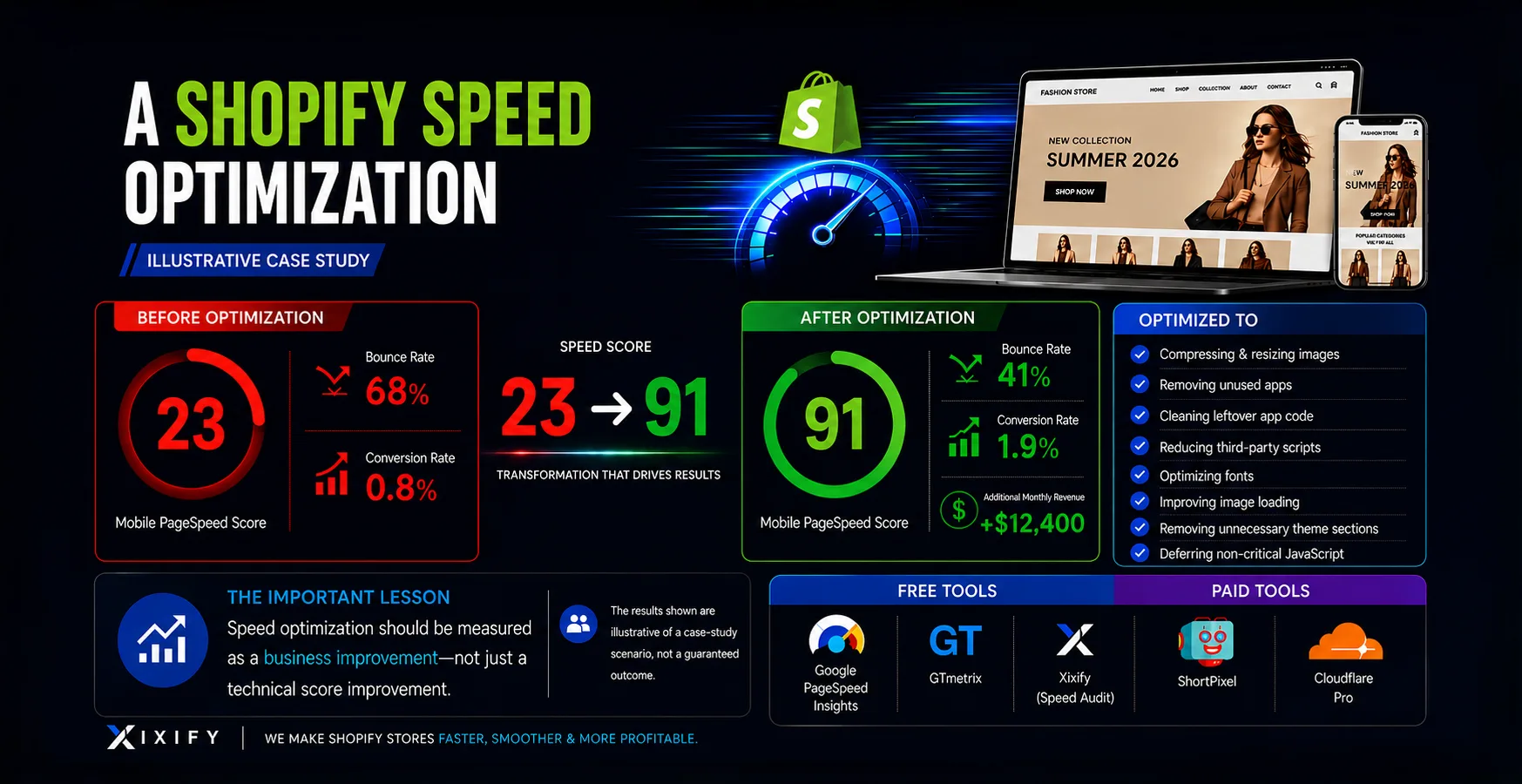 Shopify speed optimization case study showing a mobile PageSpeed score improvement from 23 to 91, reduced bounce rate, higher conversion rate, and improved website performance.