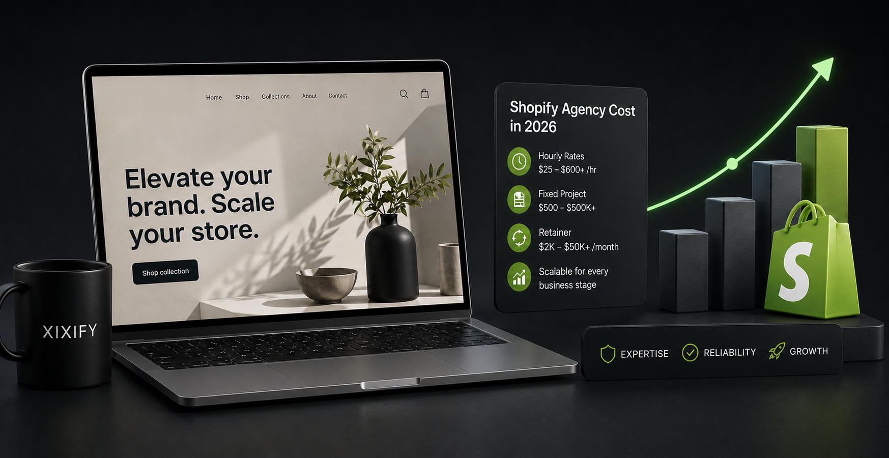 Shopify development agency cost in 2026 showing hourly rates, fixed project pricing, retainers, business growth chart, and Shopify store development concept.